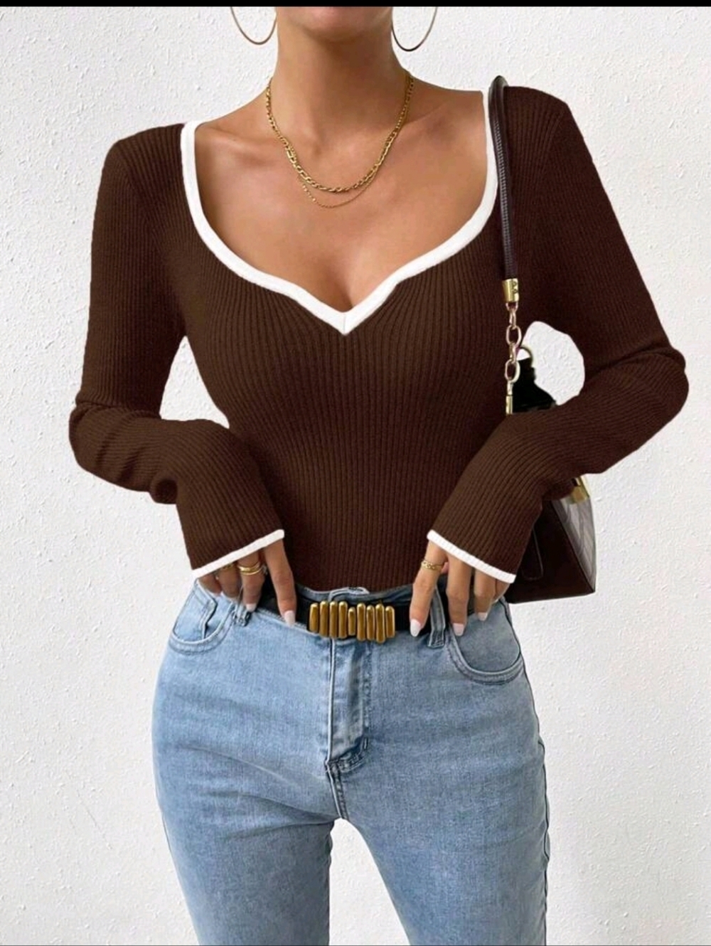 V-Neck Ribbed Sweater Top in Coffee Brown with White Trim